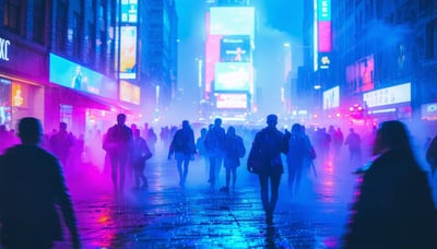 Vibrant neon cityscape with party icons and nightlife vibes