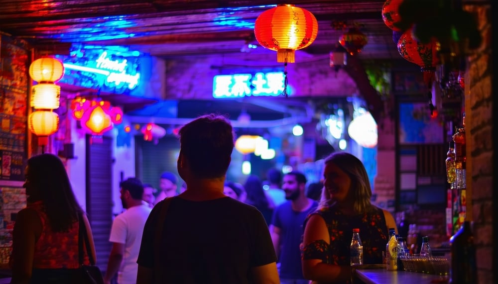 Vibrant nightlife scene with neon lights and global travelers